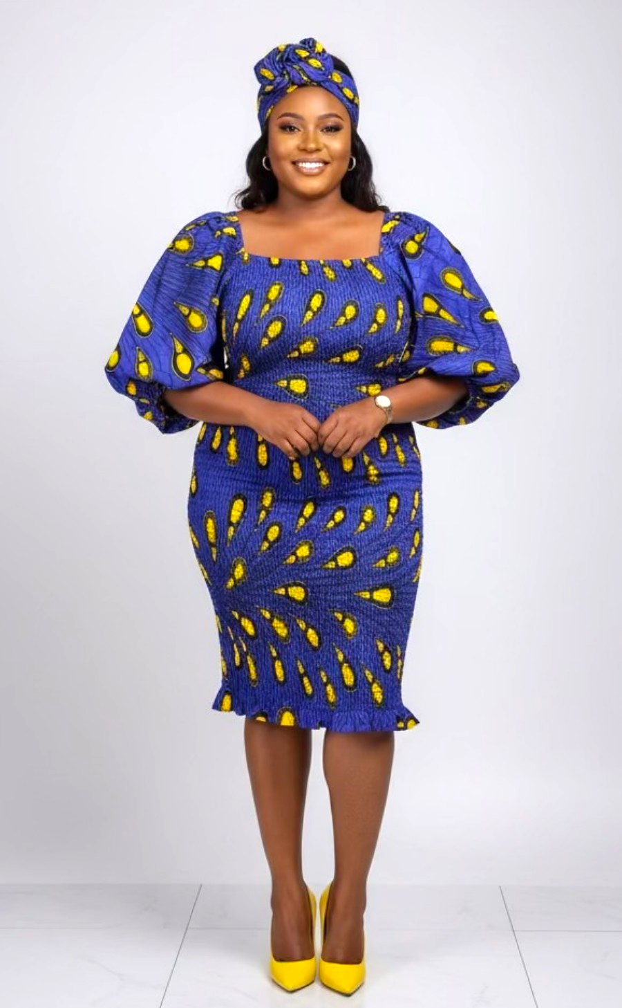 Fitted Smock Mid length Dress/ Puff Sleeve-KVZ35