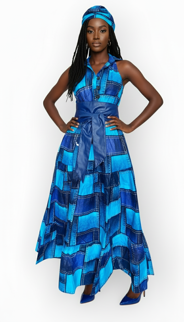 Smocked Halter Dress With Scarf Blue Patch- 3028L