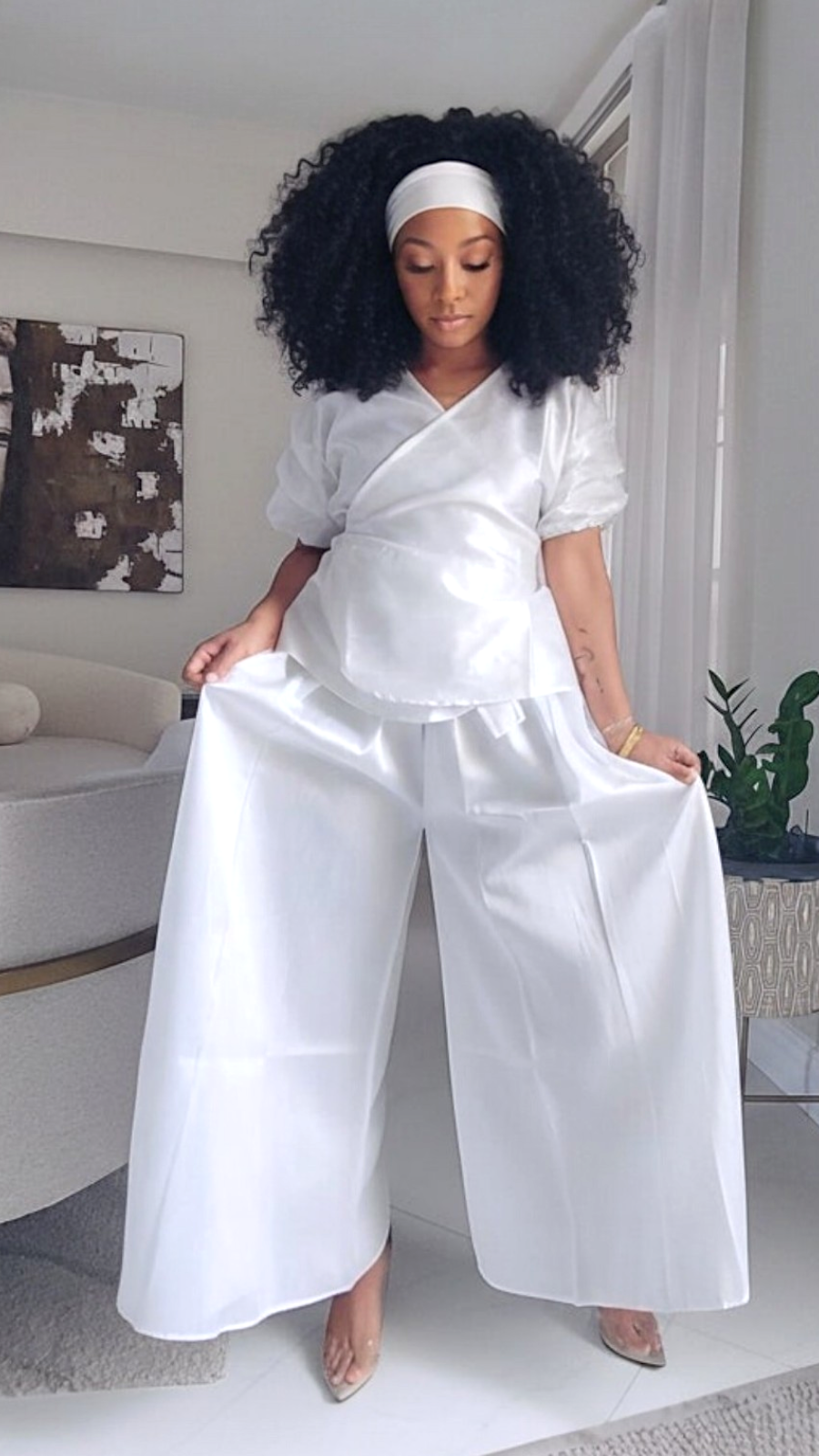 Faux Silk Palazzo Pant Set - 4196 White
