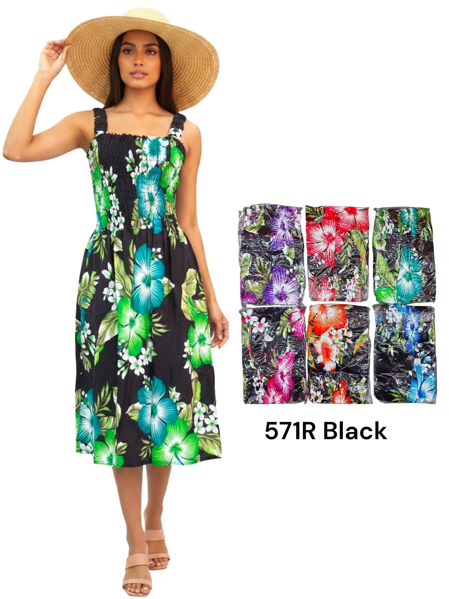 Hawaiian Floral Dress/ Mid Length/ Spagetti Straps- 571