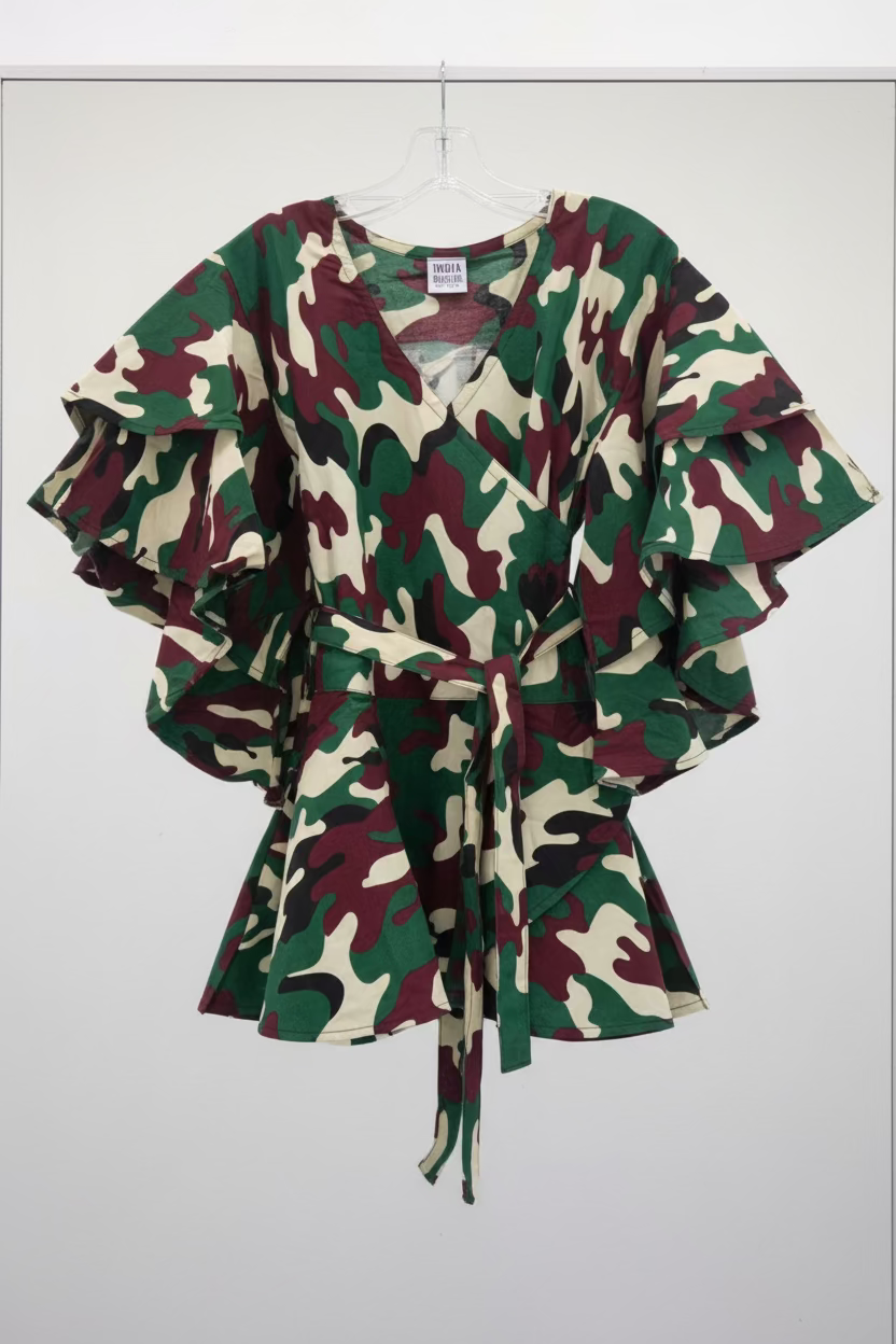 1203 - Wrap Blouse/ Army Print / Burgundy