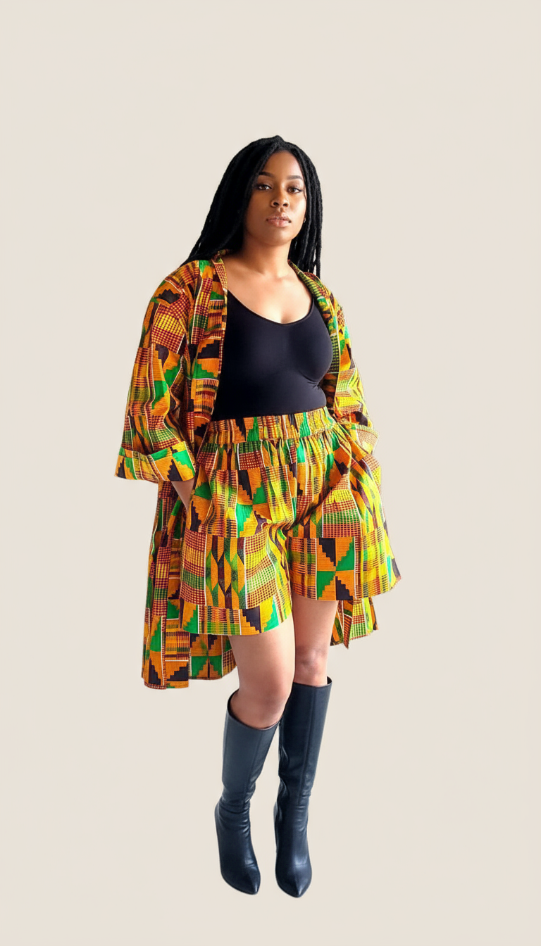 Kimono Shorts Set / Shorts & Kimono / Anarks Print 012 Orange Kente