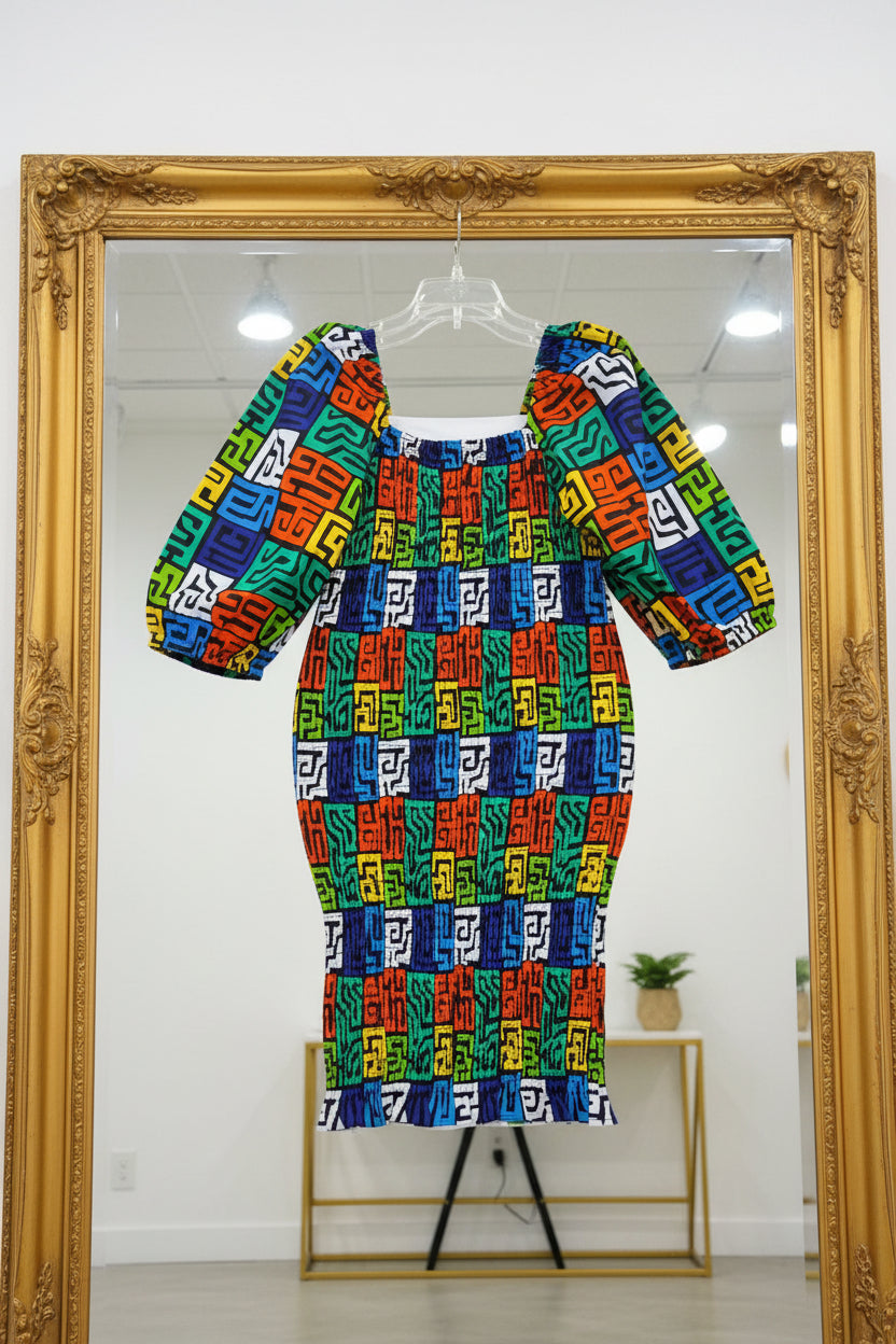 Fitted Smock Mid length Dress/ Puff Sleeve-KVZ35