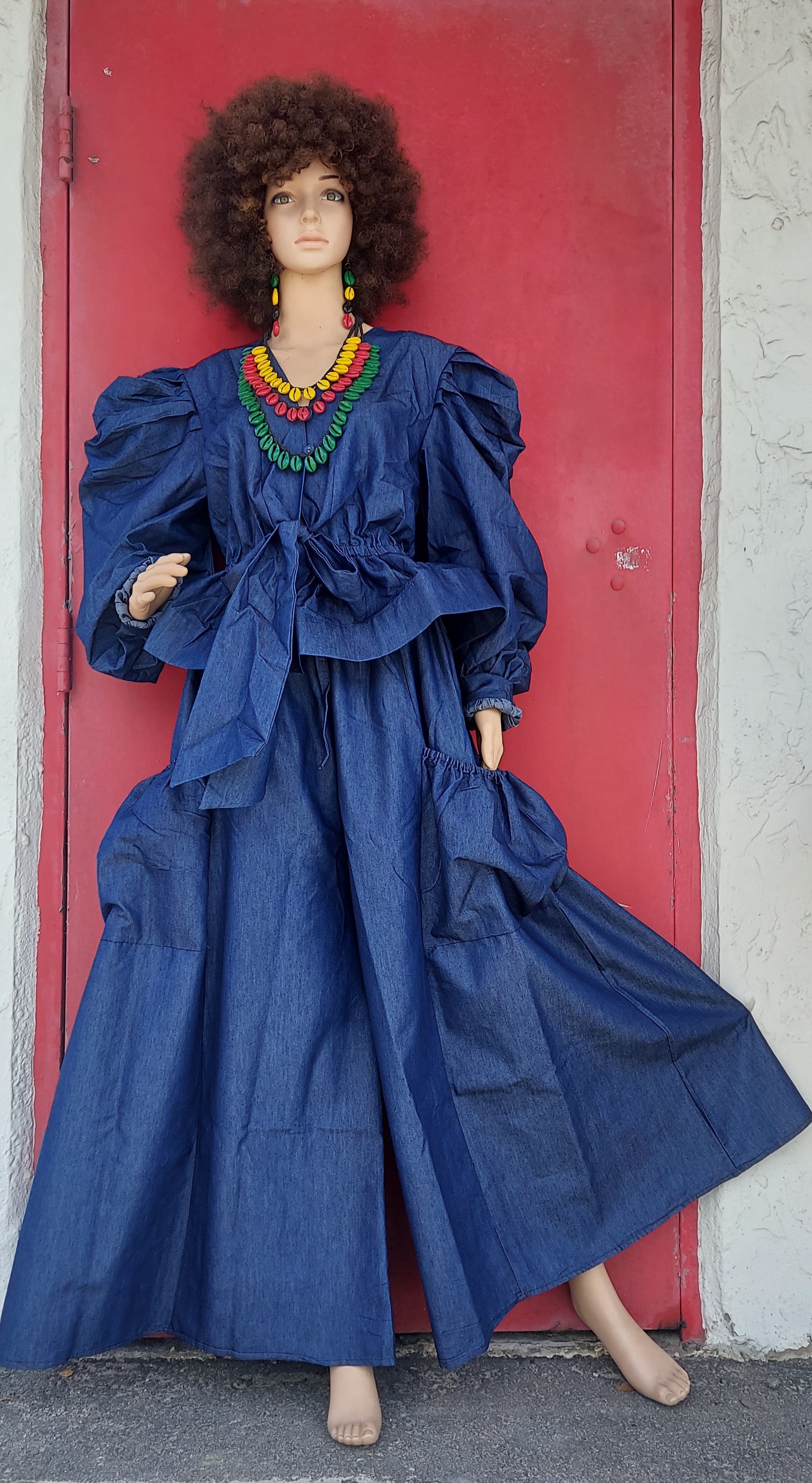 Women Set -  Denim Palazzo  Pant & Top - Indigo Blue