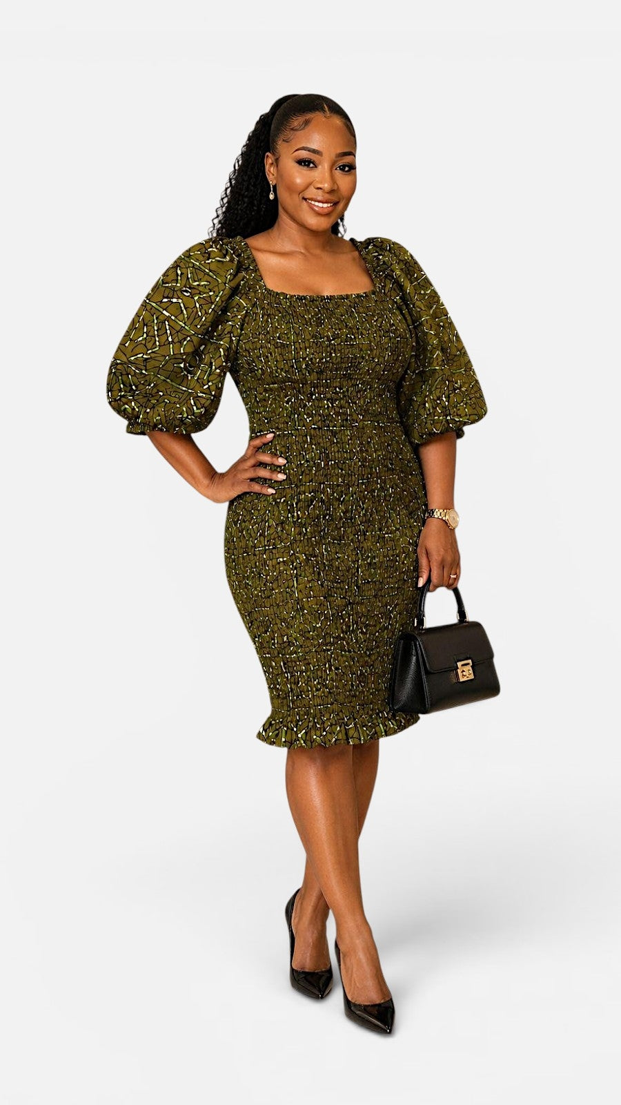 Fitted Smock Mid length Dress/-KVZ35  Olive