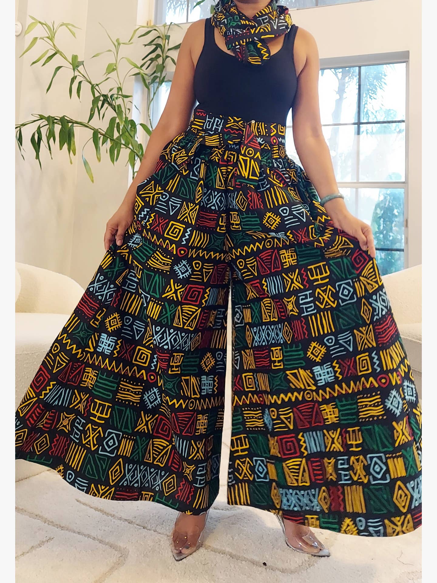 Palazzo Pant & Wrap Blouse - Black/Rasta