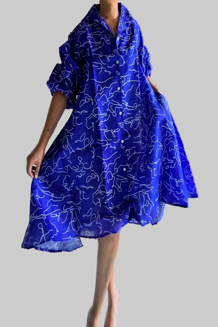 IB25013 - Swing Dress/ Faux Silk / Blue-White 758