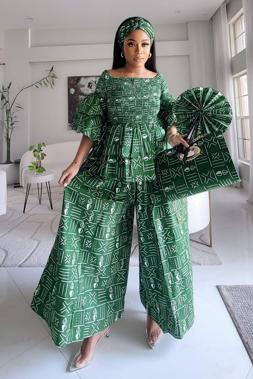 5-Piece African Ankara Pant Set Emerald - 019-PS14