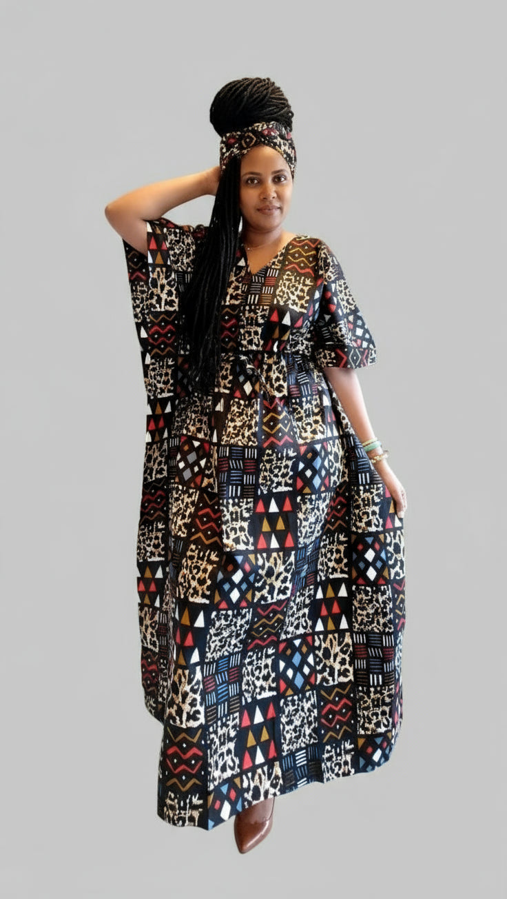 Cotton Ankara Print Kaftan Dress - 9000 Brown