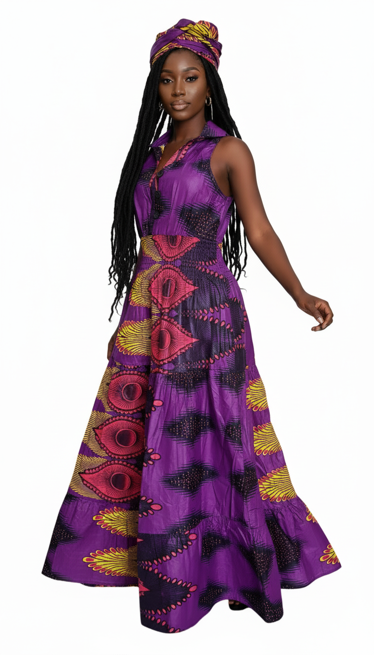 Smocked Halter Dress With Scarf Purple Peacock- 3028L